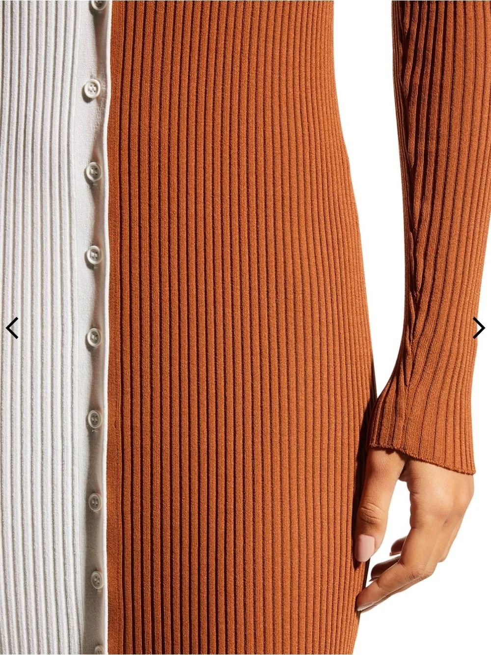 STAUD Two-Tone Ribbed Button-Front Midi Dress in White and Brown - Picture 3 of 5